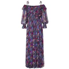 1970s Balestra Couture Silk Chiffon Floral Boho Dress 1