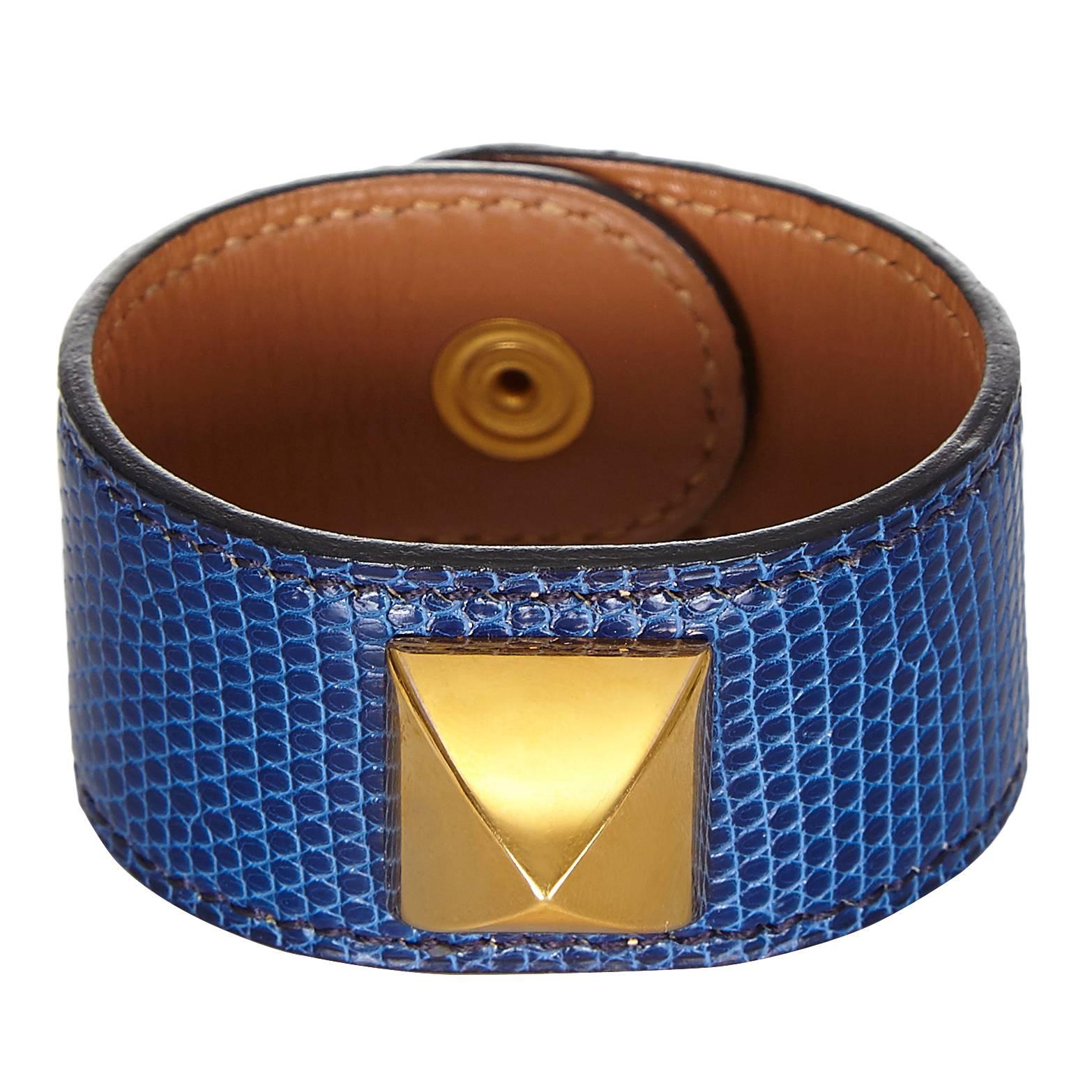 Hermes Blue Lizard Gold Medor Bracelet Cuff
