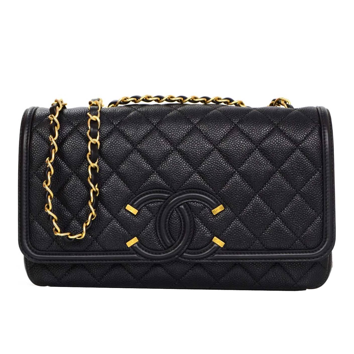 Chanel 2016 Black Quilted Caviar Leather Filigree CC Flap Bag