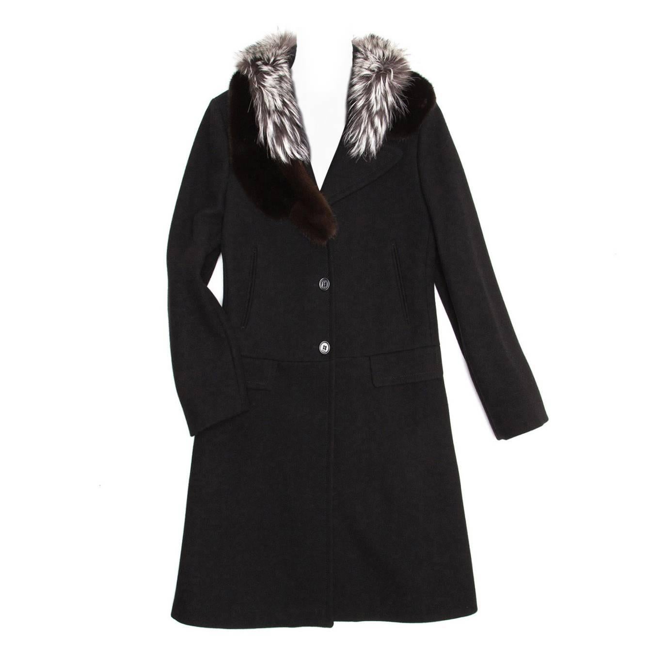 Prada Black Wool & Fur Collar Coat For Sale