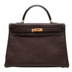 Hermes Cafe Brown Fjord Leather Kelly 35cm Handbag
