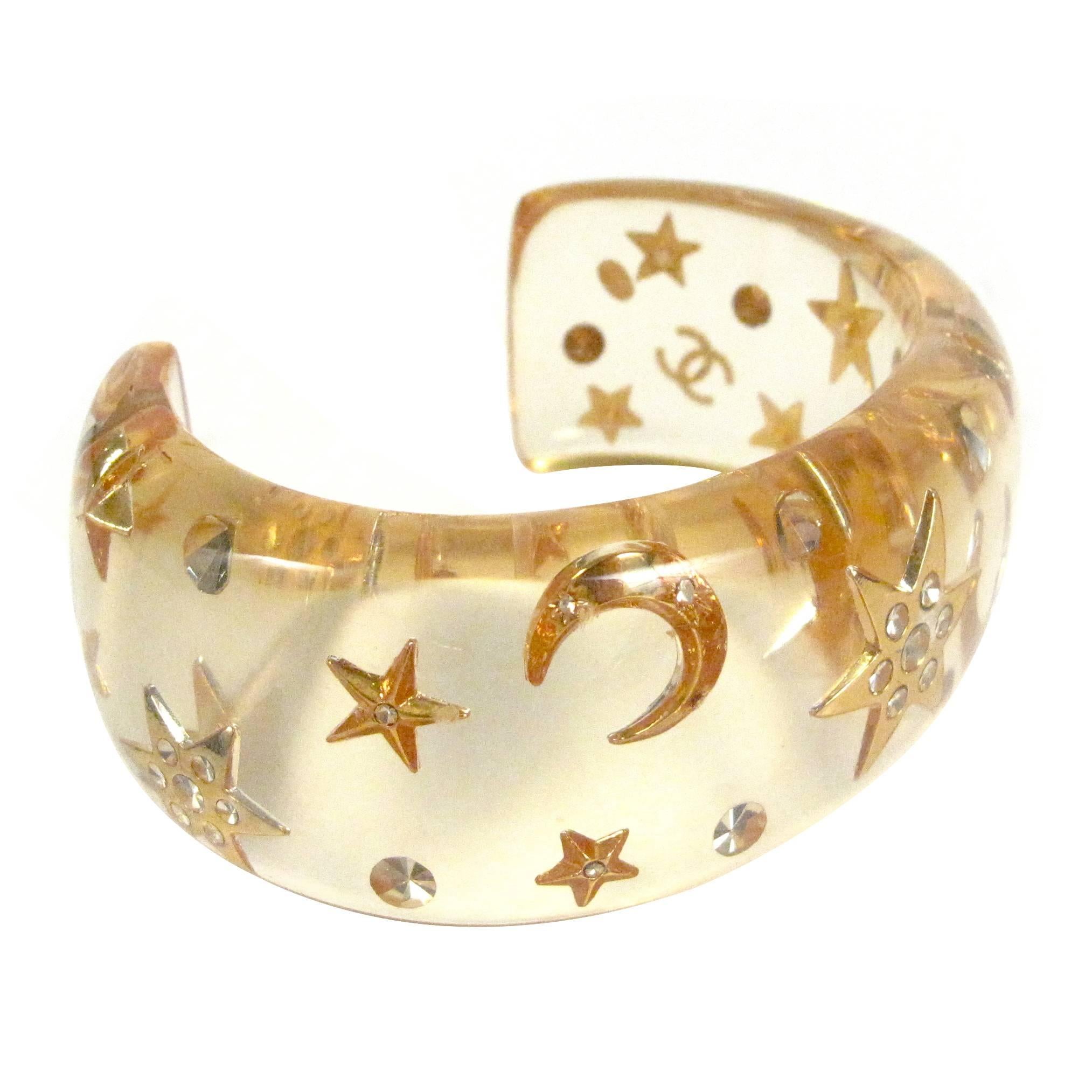 Chanel Moon & Star Bracelet Cuff - Clear Resin CC Crystal Rhinestone Bangle 95A