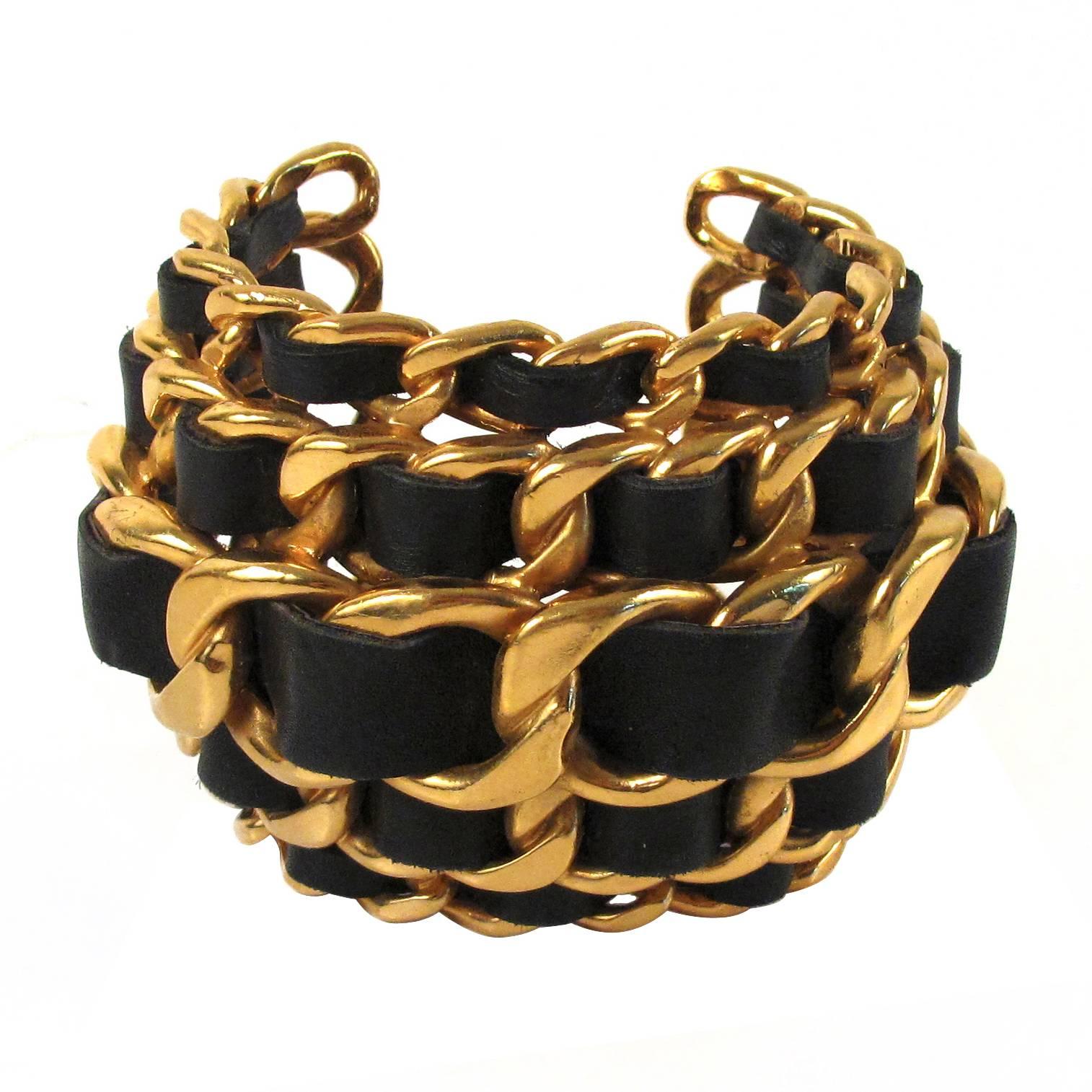 Chanel Cuff - XL Wide Chain Bracelet Vintage Black Gold Leather Bangle CC Charm