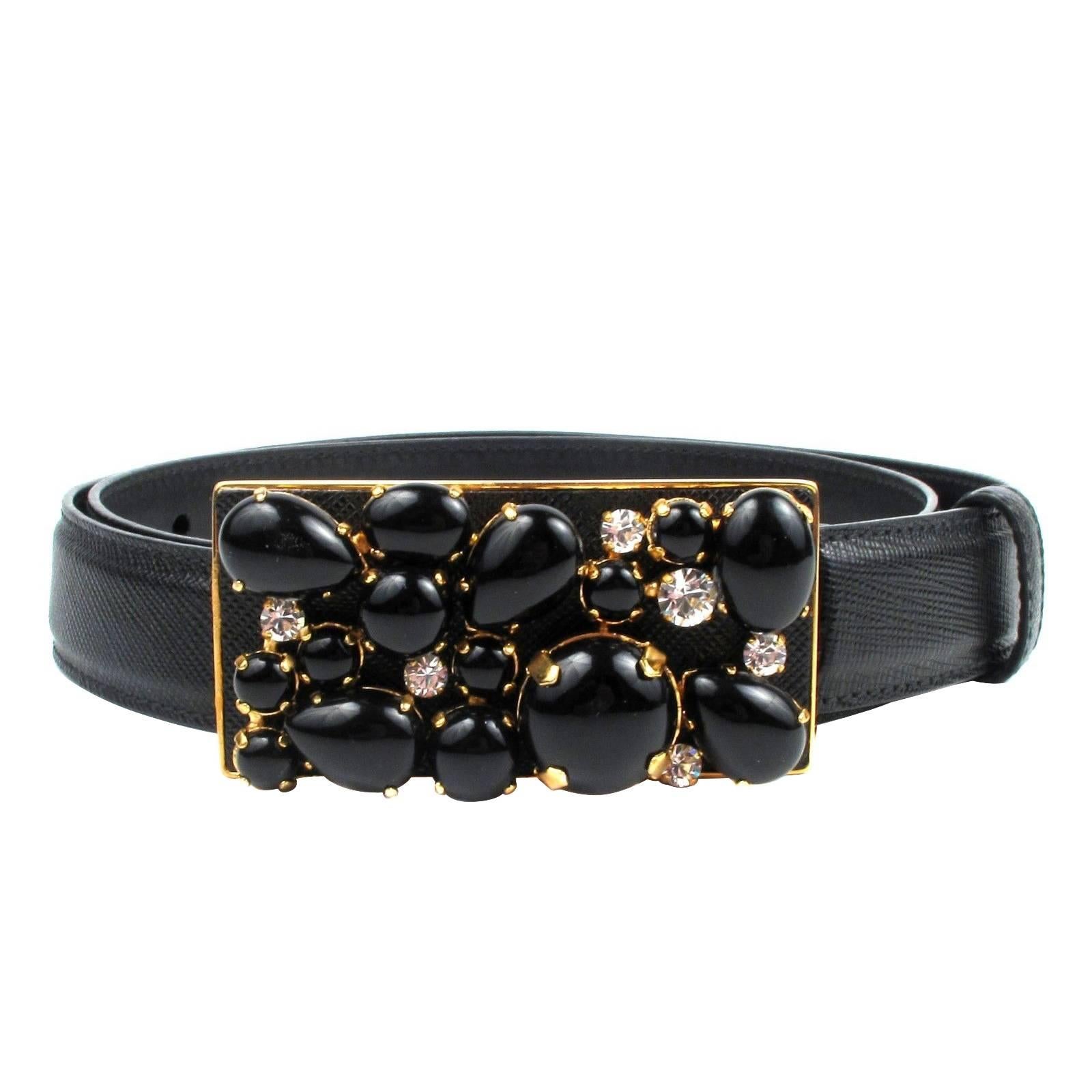 Prada Belt - Jewel Saffiano Small Black Gold Leather Rhinestone Crystal For Sale