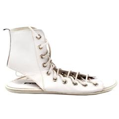 Ann Demeulemeester - 8 - 38 - New - White Leather Lace Up Sandals Flat Shoe Boot