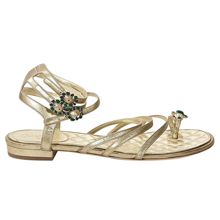 Gold Chanel Embellished Leather Flat Sandals For Sale at 1stdibs