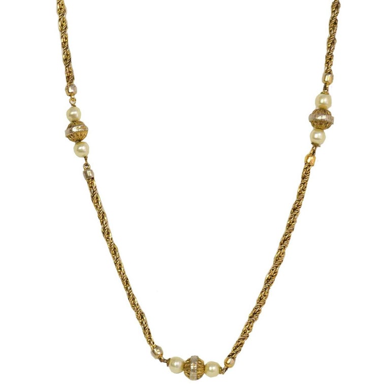 Chanel Pearl and Gold Beaded Long Chain Link Necklace For Sale at 1stDibs