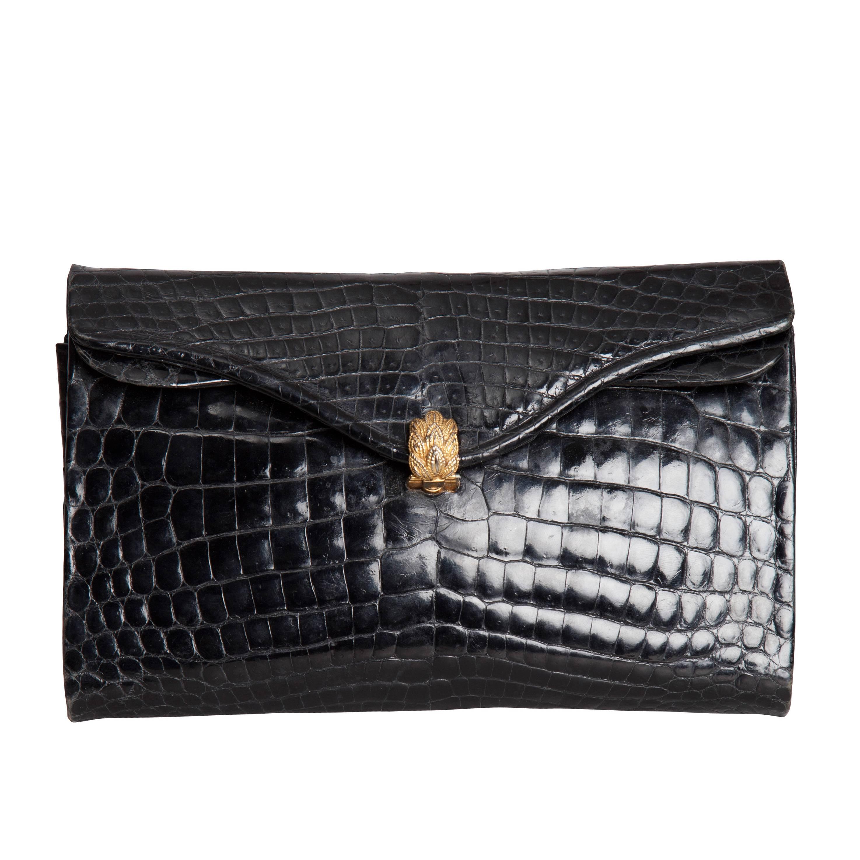 1960s Morabito Black Crocodile Skin Envelope Clutch Bag with Gold Clasp For Sale