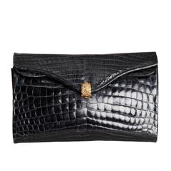 1960s Morabito Black Crocodile Skin Envelope Clutch Bag with Gold Clasp