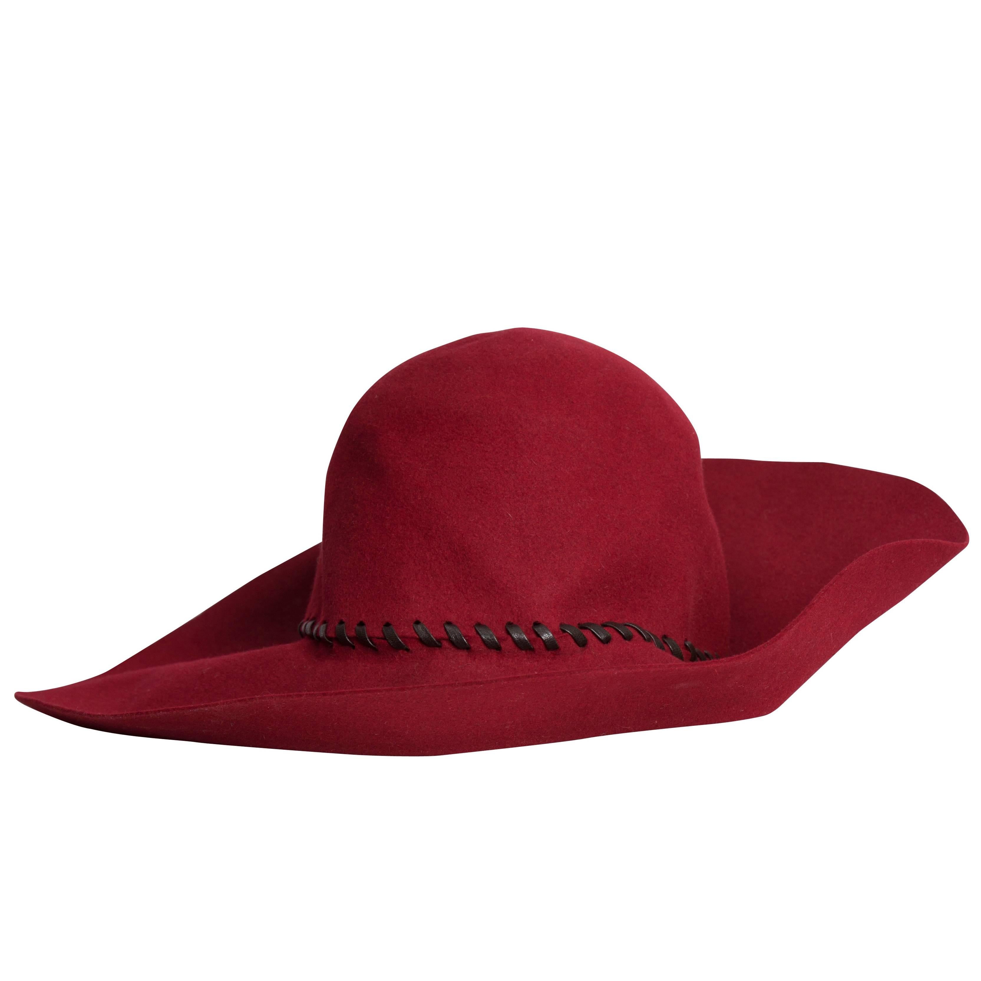 1970s Yves Saint Laurent Couture Crimson Floppy Felt Hat with Leather Stitching For Sale