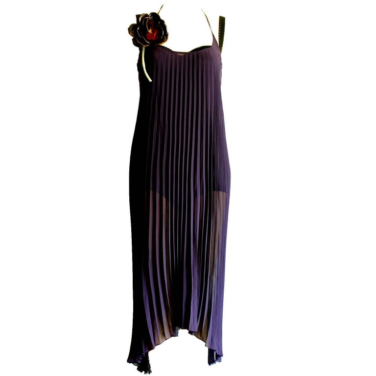 Dolce and Gabbana Purple Pleated Silk Dress with Flower Detail For Sale