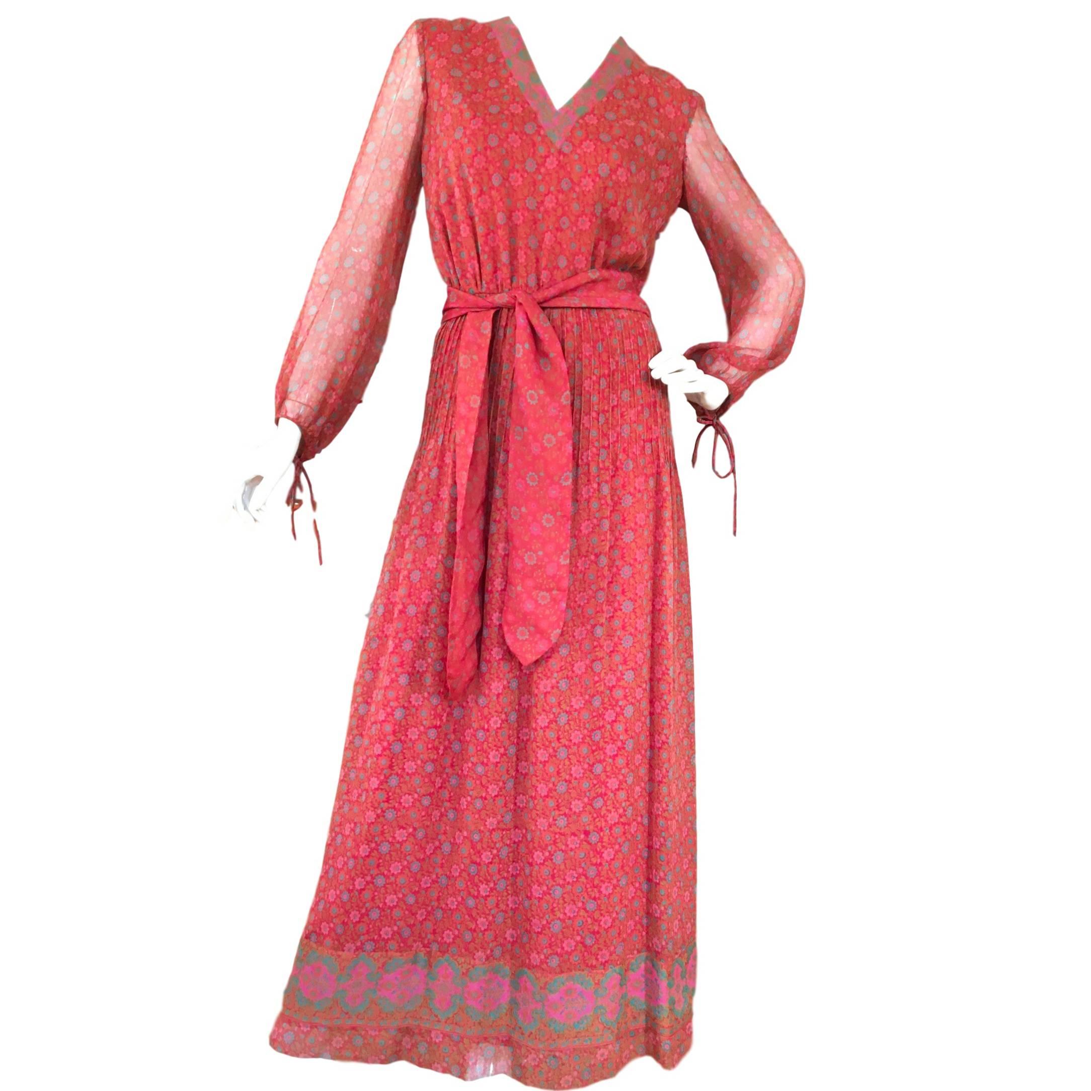 1970s Vintage Silk Indian Made Hardy Amies Maxi Dress 