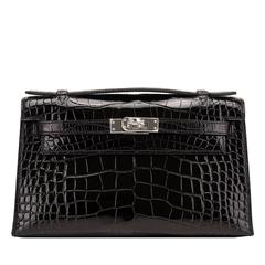 Hermes Black Shiny Alligator Mini Kelly Pochette