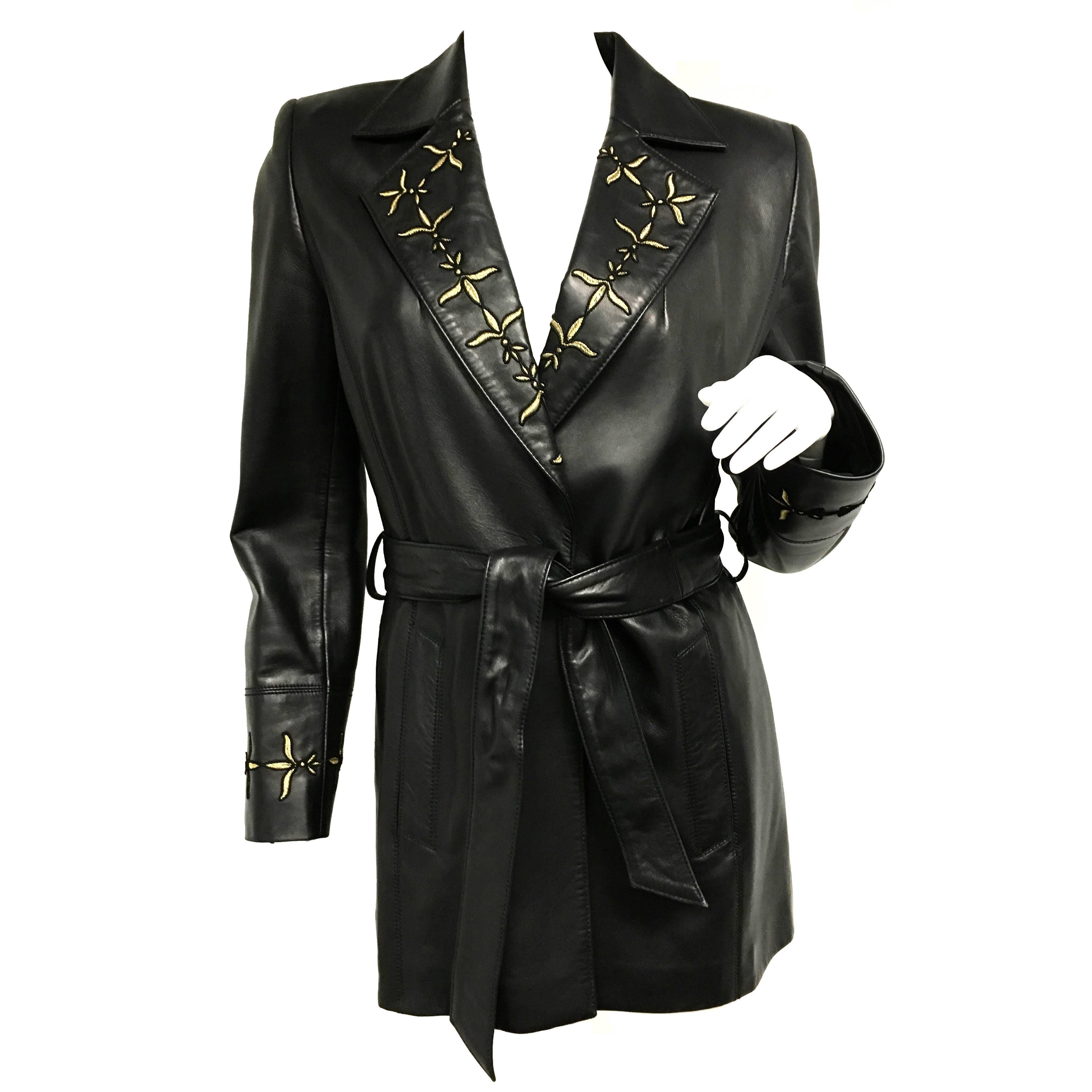 Escada Black Gold Embroidered Leather Belted Jacket New