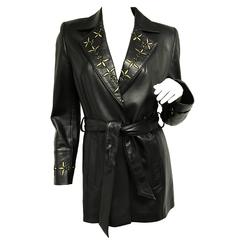 Escada Black Gold Embroidered Leather Belted Jacket New 9