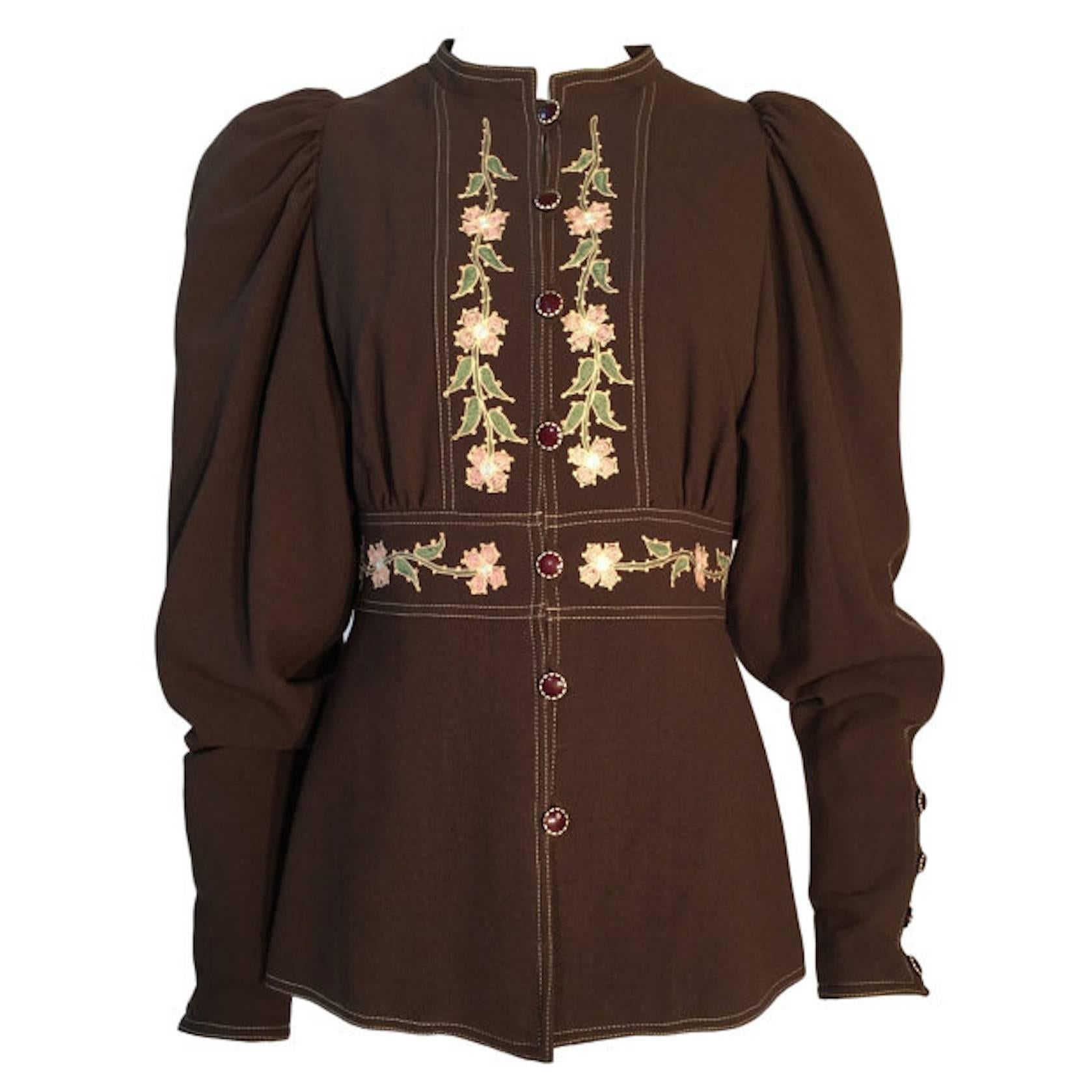 Bill Gibb 1970s Vintage Peasant Embroidered Wool Blouse / Shirt Top For Sale