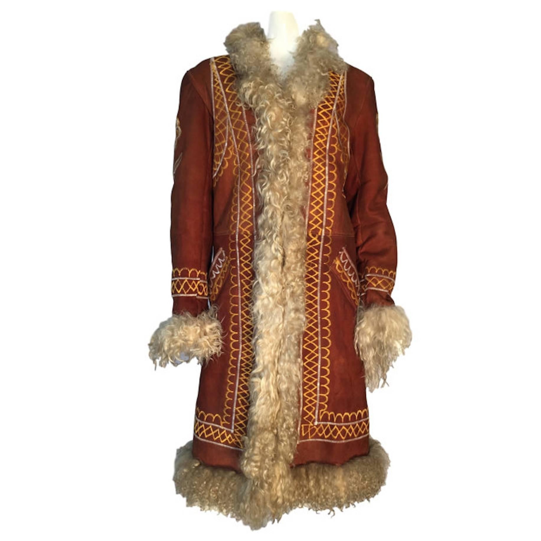 Original 1970s Vintage Afghan Hippy Embroidered Suede Shearling Sheepskin Coat