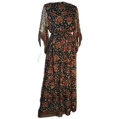 Vintage 1970s Treacy Lowe Indian Silk Chiffon Wide Sleeve Maxi Dress With Belt 