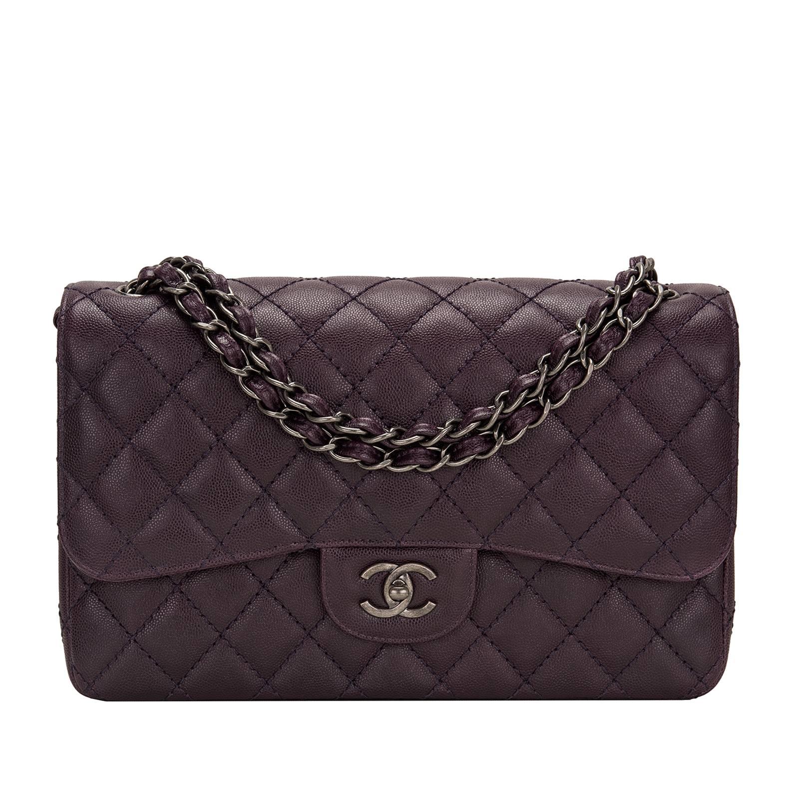 Chanel Dark Purple Quilted Caviar Jumbo Classic Double Flap Bag For Sale