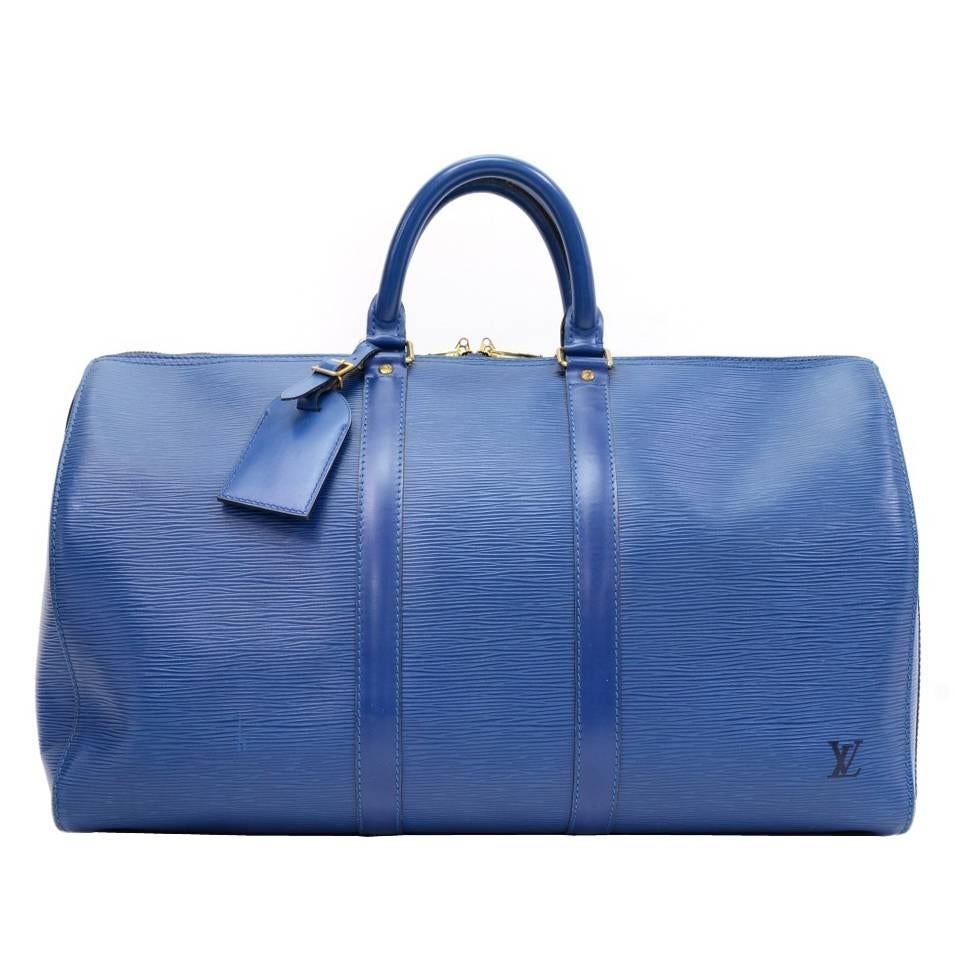 Vintage Louis Vuitton Keepall 45 Blue Epi Leather Duffle Travel Bag