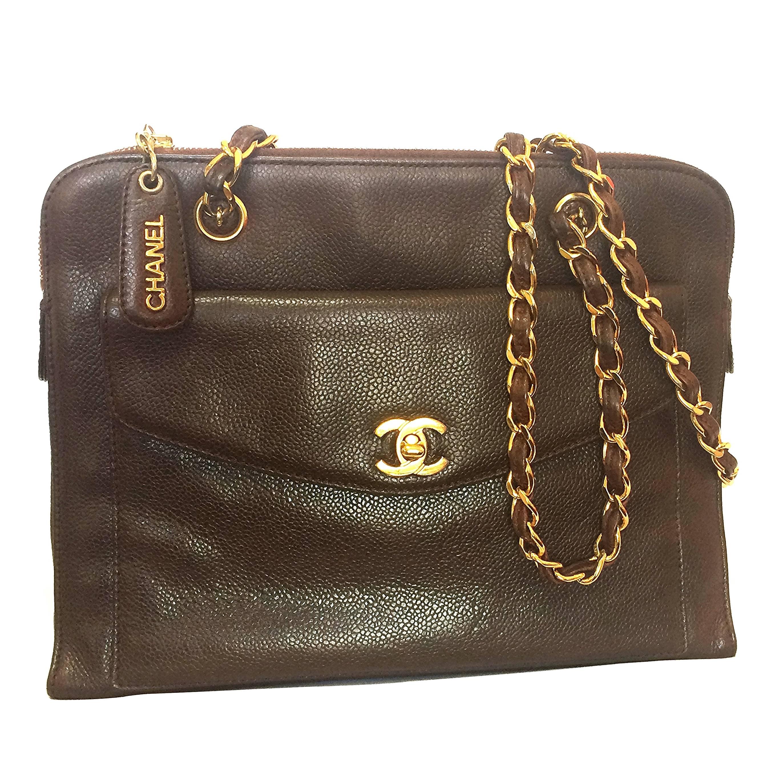 Vintage CHANEL dark brown caviar leather chain shoulder tote bag with golden CC. For Sale