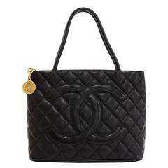 Vintage Chanel Revival Medallion Black Quilted Caviar Leather Tote Hand Bag
