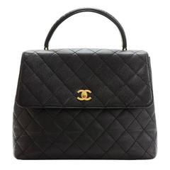 Chanel 12" Kelly Style Black Quilted Caviar Leather Flap Hand Bag