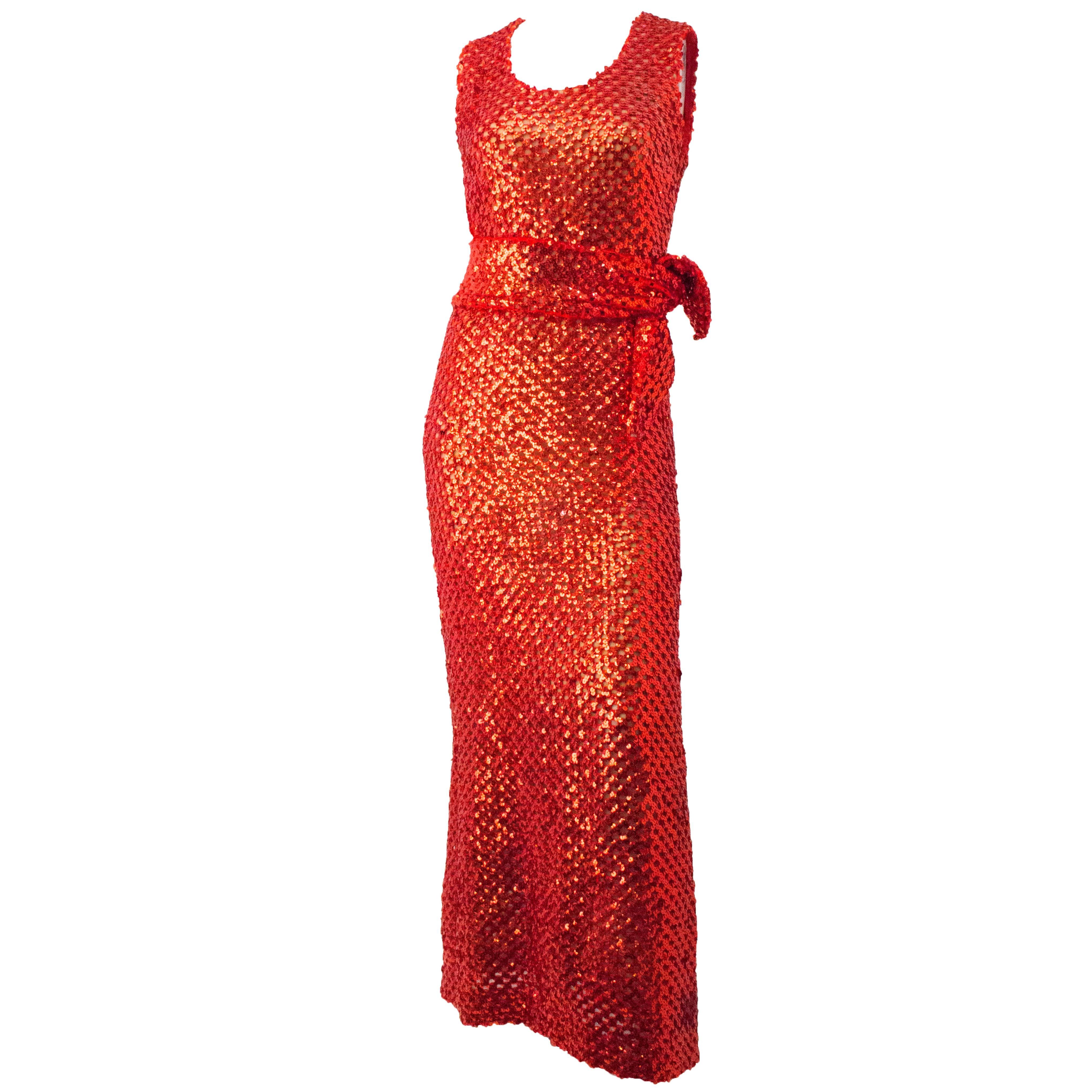 70s Red Sequined Evening Gown For Sale