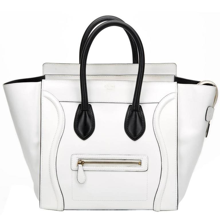 Céline 2010s White and Black Smooth Leather Mini Luggage Tote at 1stDibs