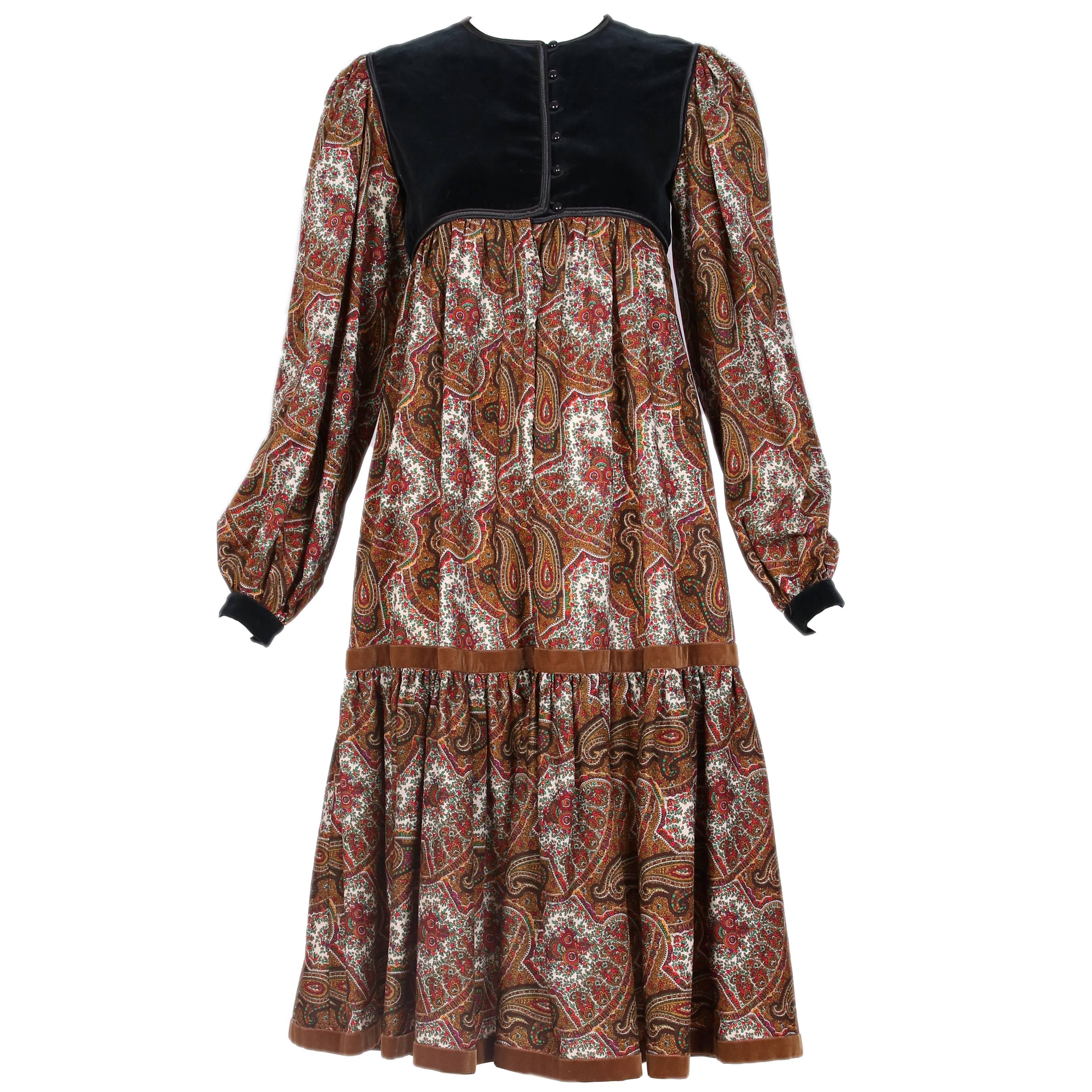 Vintage Yves Saint Laurent YSL Paisley Print Peasant Dress w/Velvet Trim