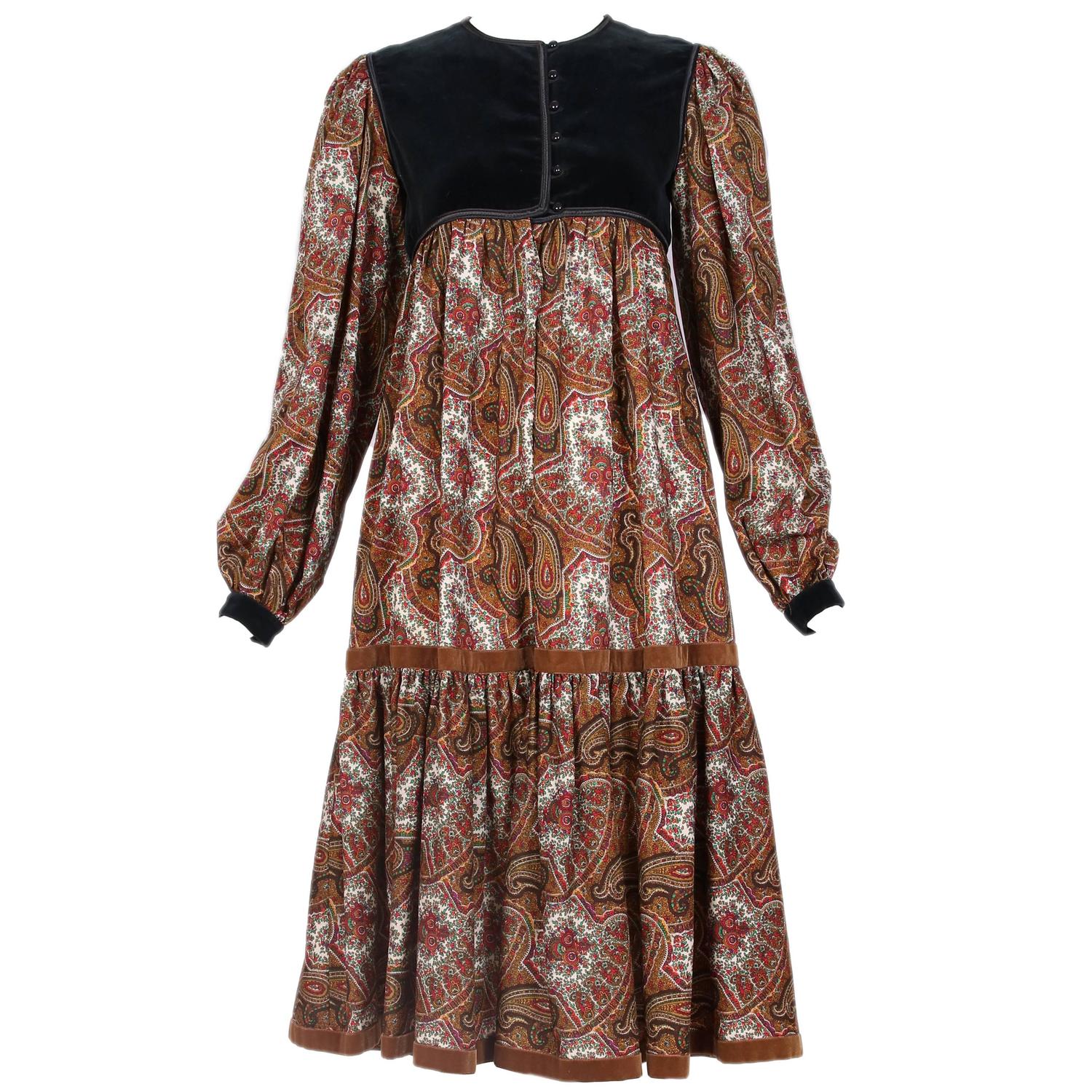 Vintage Yves Saint Laurent YSL Paisley Print Peasant Dress w/Velvet ...