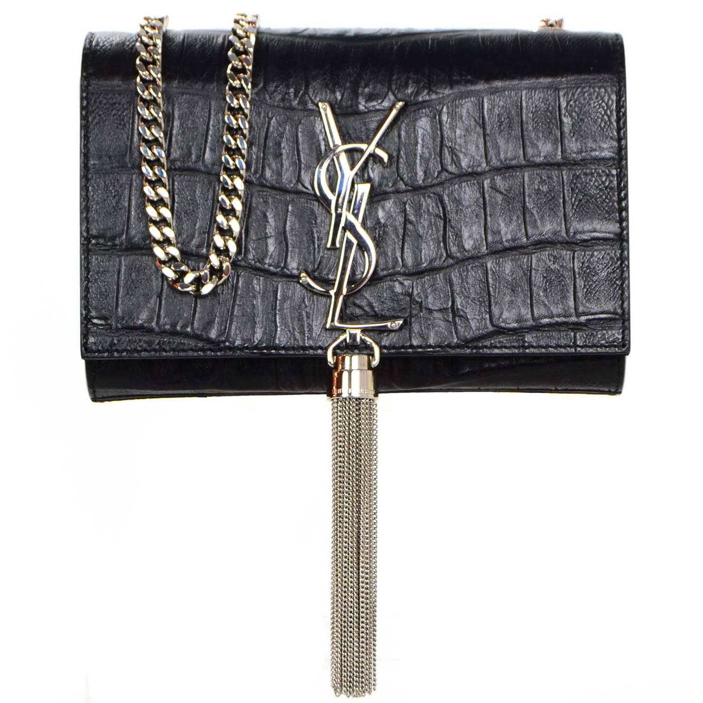 Saint Laurent Croc Embossed Monogramme YSL Tassel Bag For Sale at