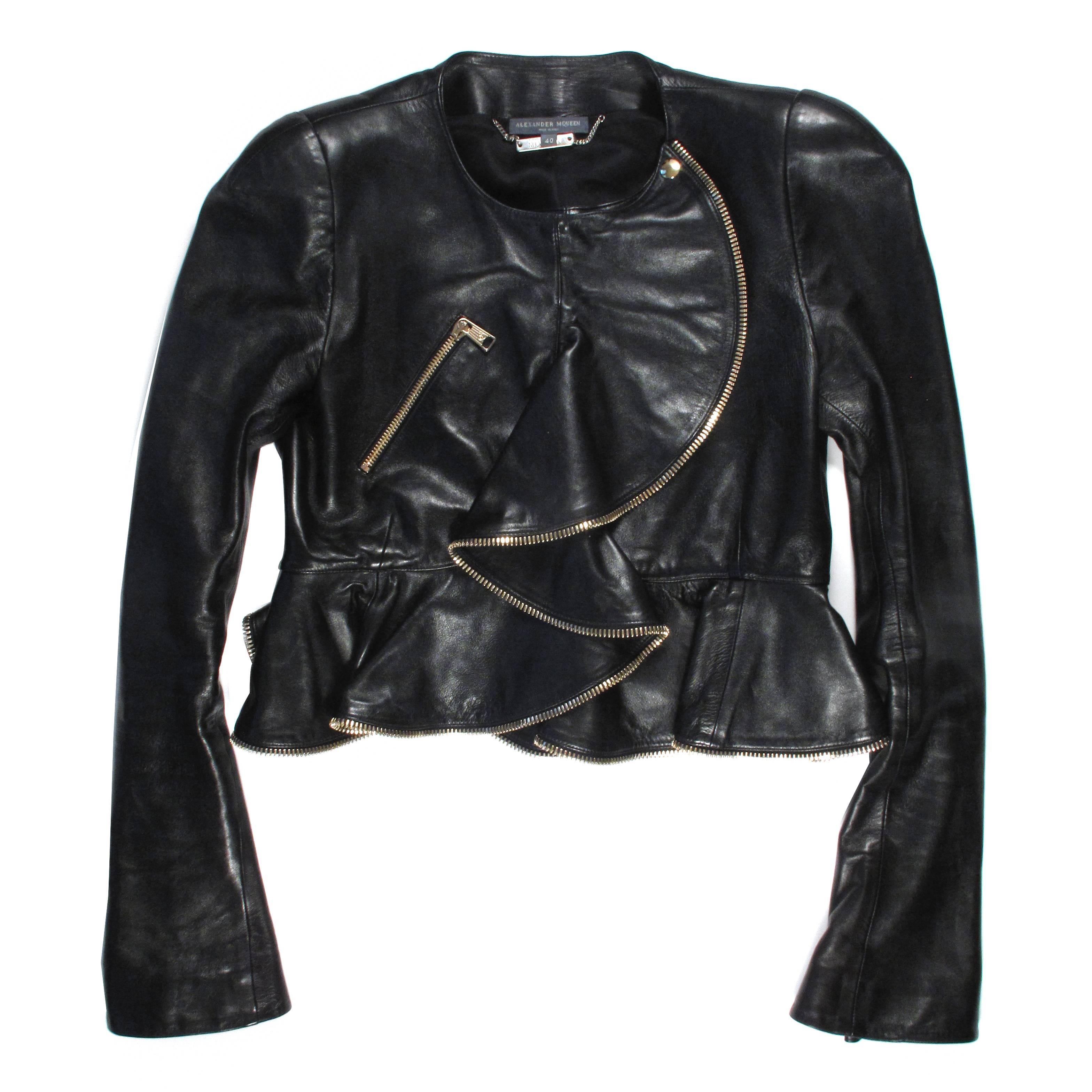 Alexander McQueen Leather Jacket - US 4 - EU 36 IT 40 - Zipper Ruffle Black Gold