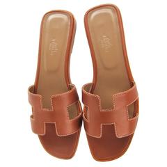 Hermes Gold Tan Oran Sandals 38.5 or 8 Orans Shoes Iconic Classic