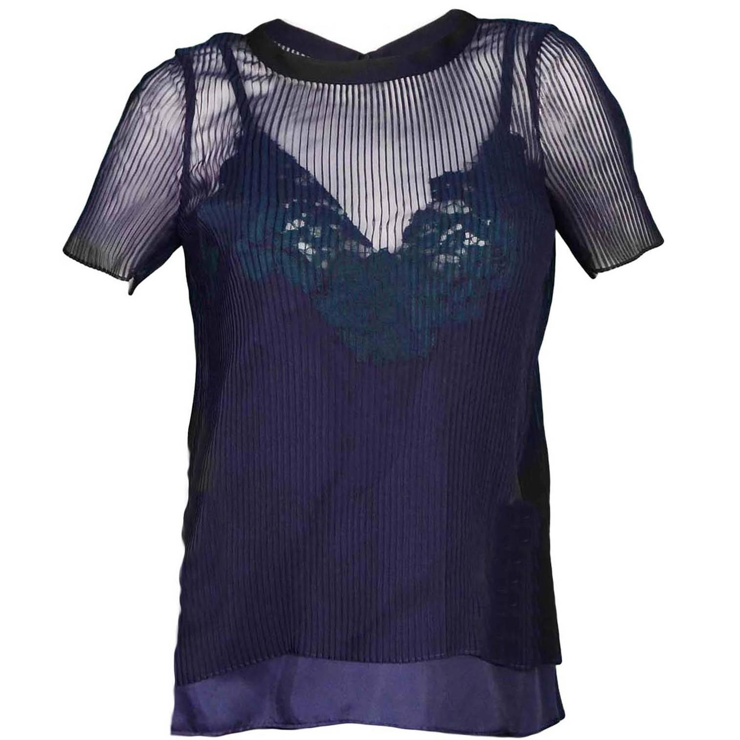 Sacai Navy Pleated Sheer Top w/ Lace Cami Detail Sz S