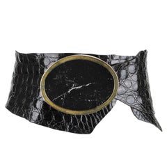 LYNN TUTTLE Black Alligator Raw Edge Leather Natural Stone Brass Buckle Belt