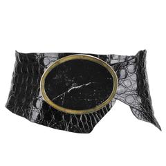 LYNN TUTTLE Black Alligator Raw Edge Leather Natural Stone Brass Buckle Belt 6