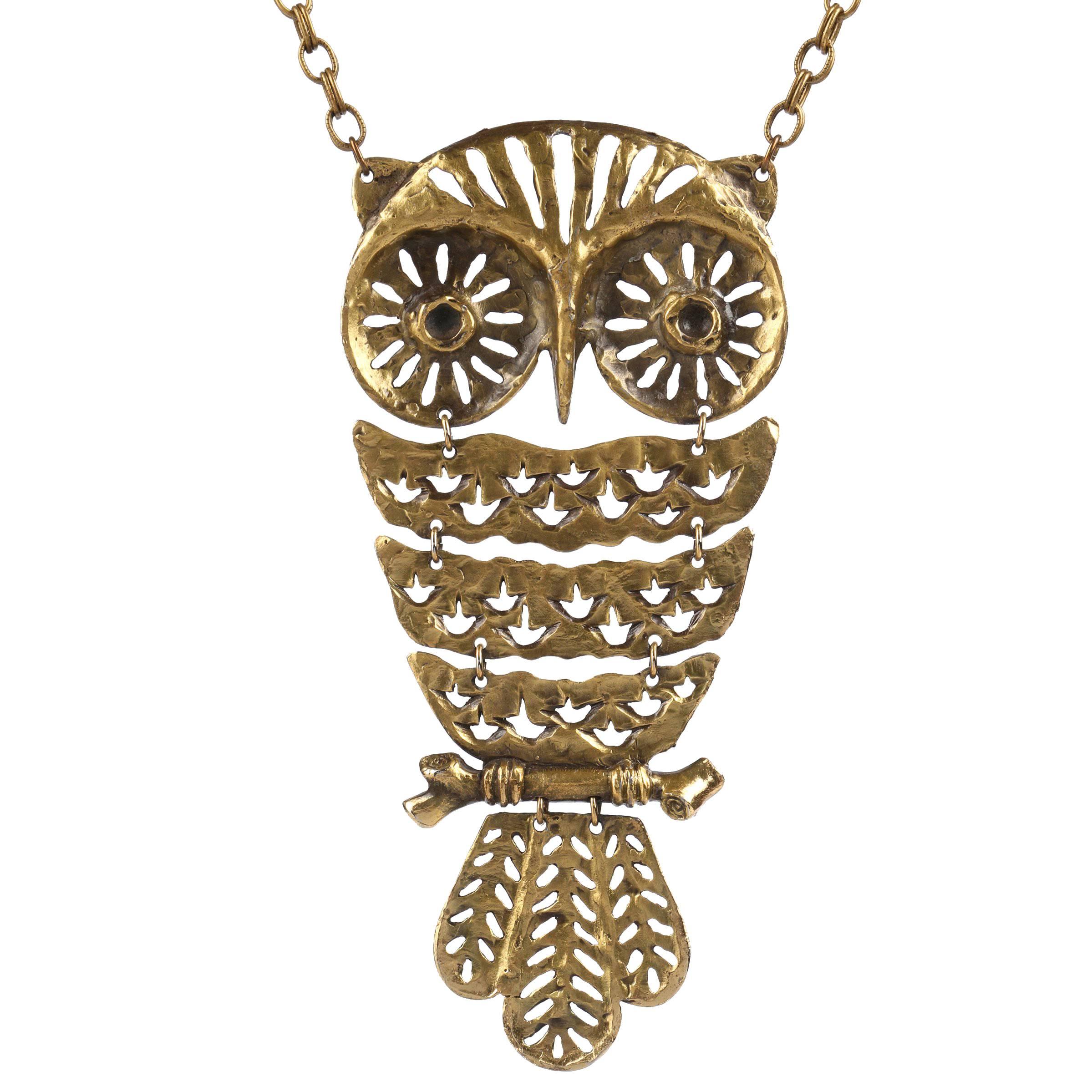 LOUIS GIUSTI c.1960's Huge Brutalist Owl Pendant Artwear Articulated Necklace