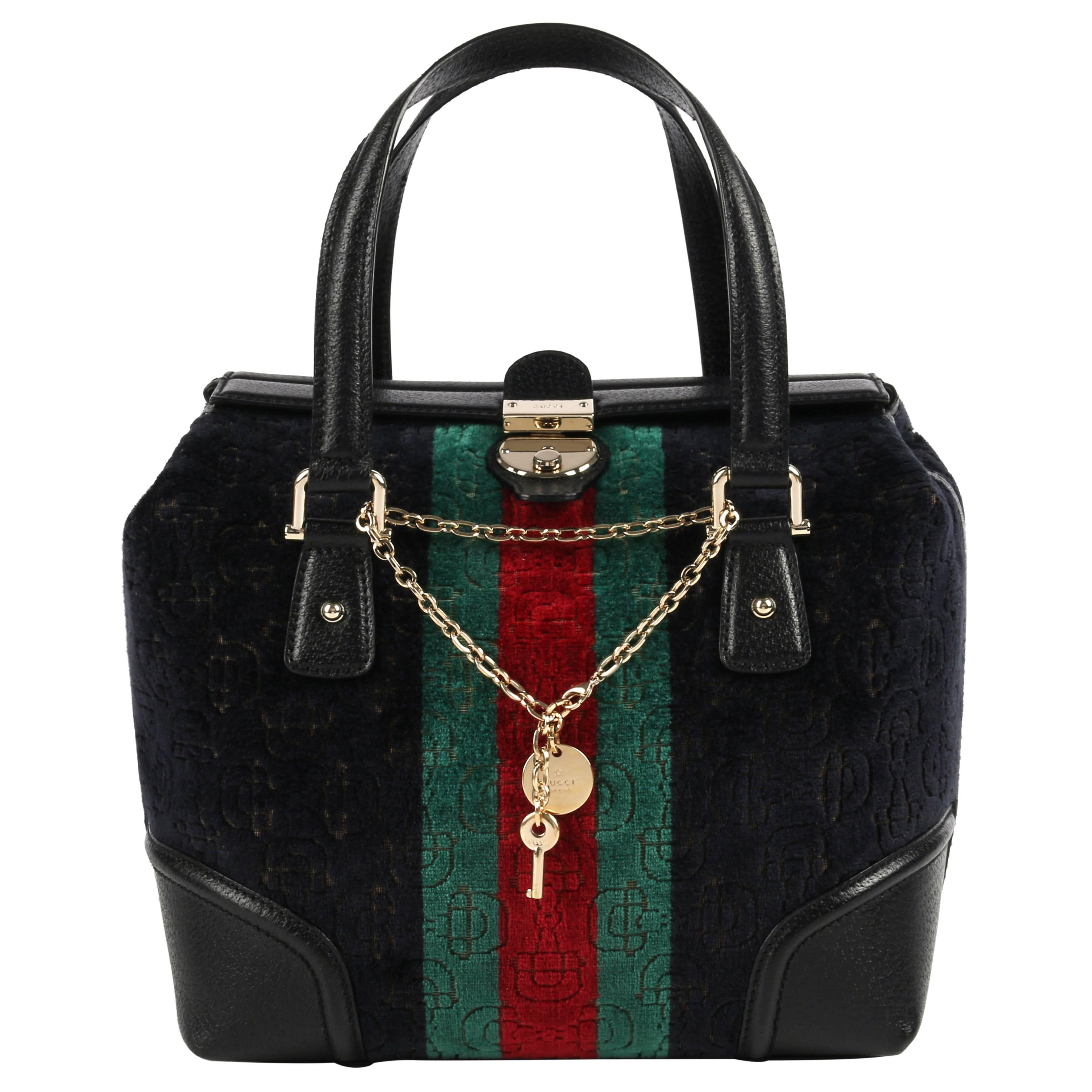 GUCCI "Treasure Small Boston" Horsebit Embossed Black Velvet Leather Handbag