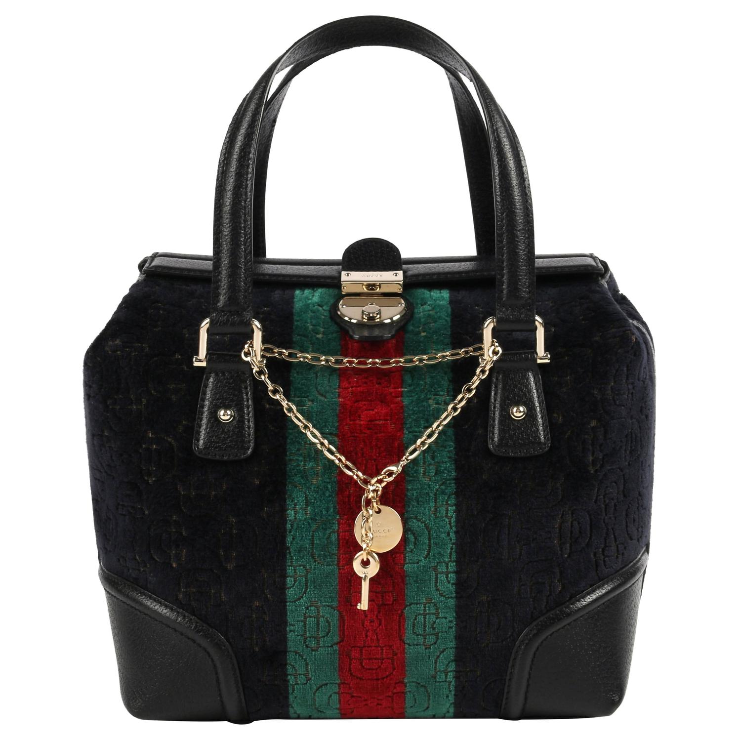GUCCI &quot;Treasure Small Boston&quot; Horsebit Embossed Black Velvet Leather Handbag For Sale at 1stdibs