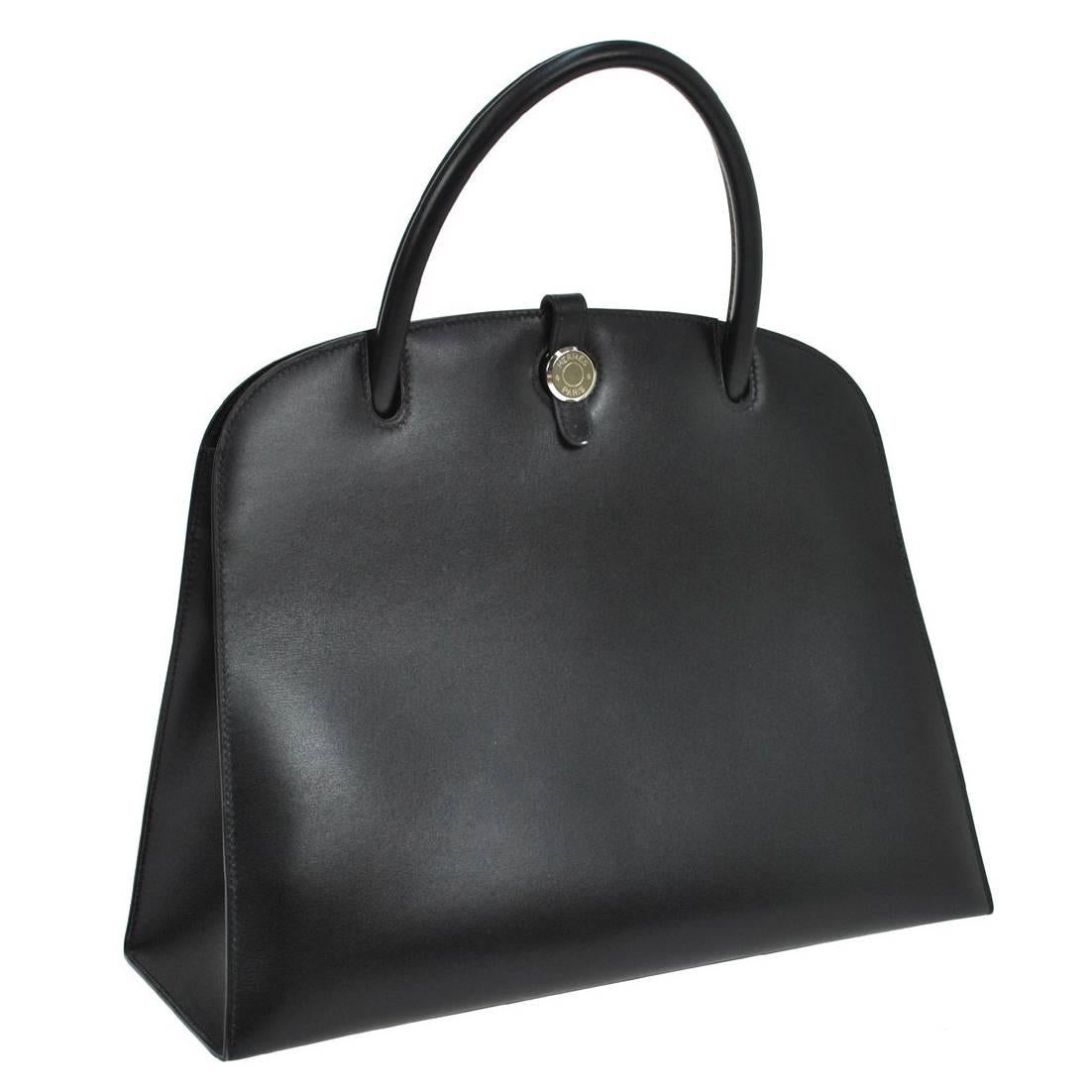 Hermes Vintage Black Leather Palladium Top Handle Satchel Bag