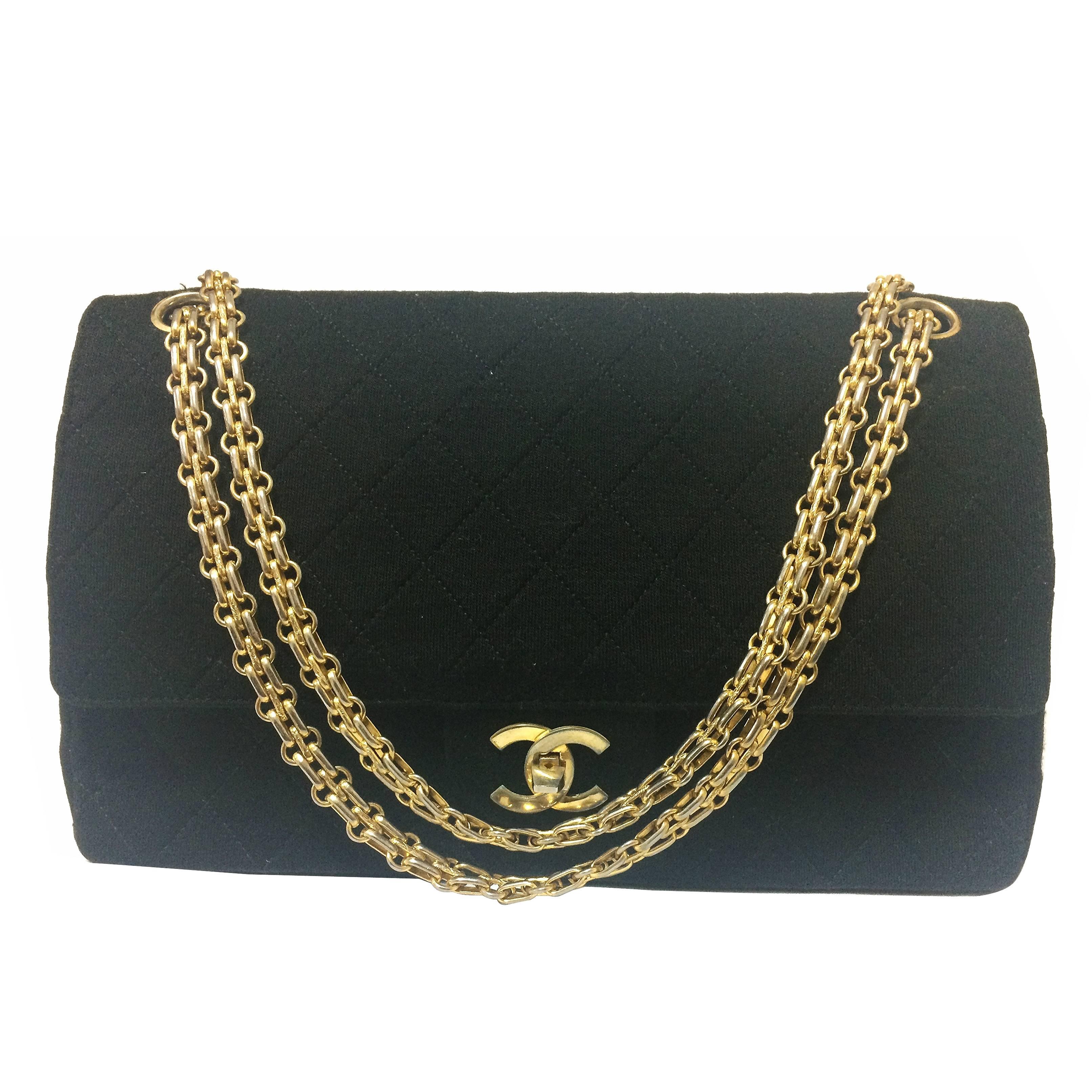 Vintage Chanel classic black jersey 2.55 bag with double flap and skinny chains For Sale