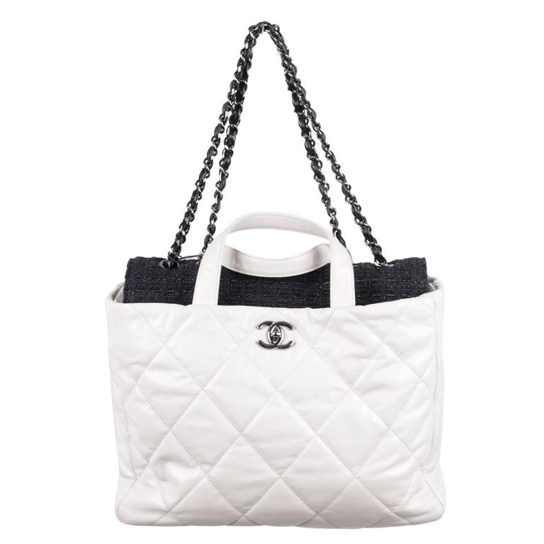 CHANEL White QUILTED Leather PORTOBELLO Tweed Flap TOTE Shoulder Bag at