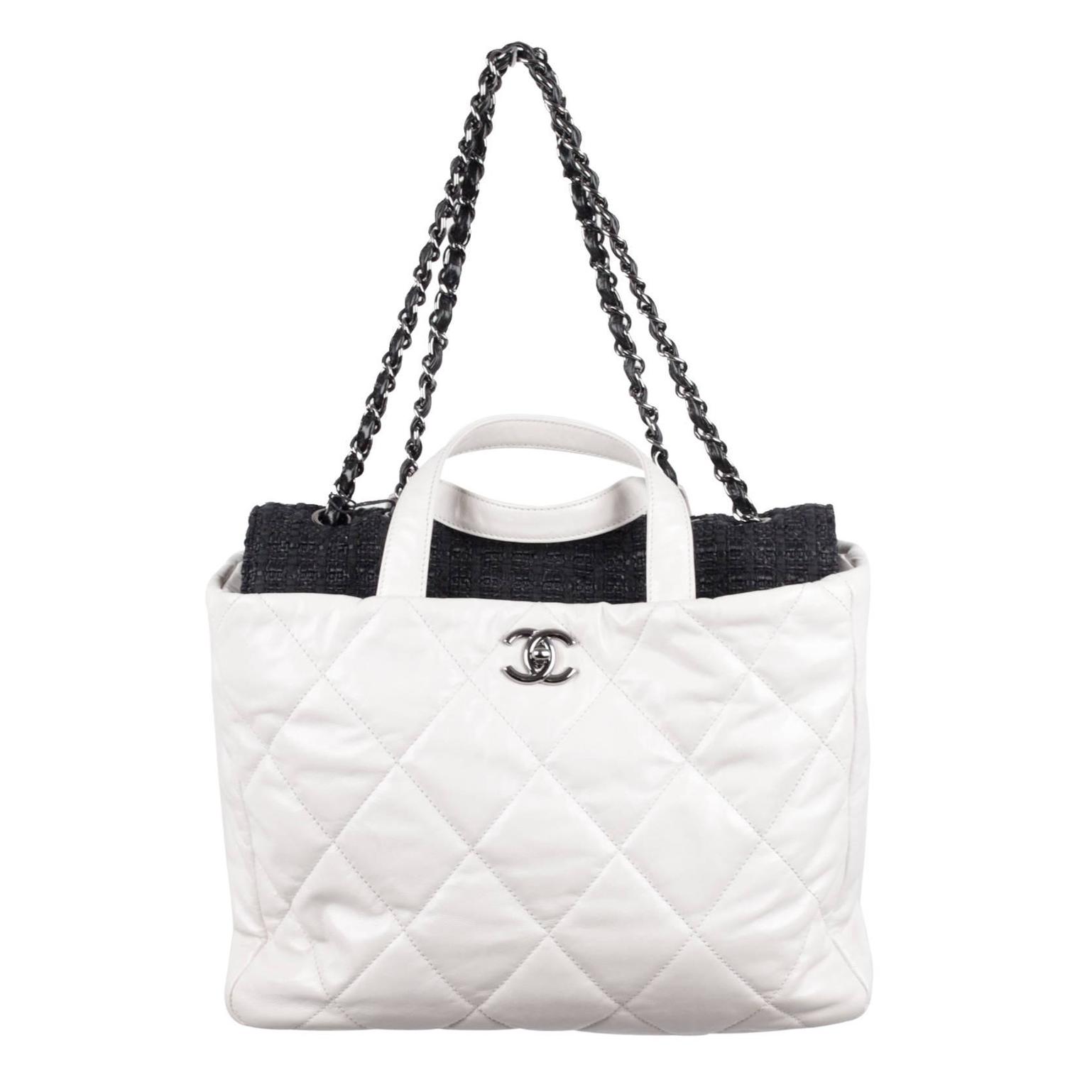 CHANEL White QUILTED Leather PORTOBELLO Tweed Flap TOTE Shoulder Bag at  1stDibs | chanel white tote bag, chanel white canvas bag, chanel handbags  black and white