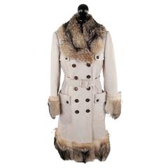 BURBERRY Off-White Quilted Leather DOUBLE BREASTED COAT w/ FUR Trim SIZE 42 5