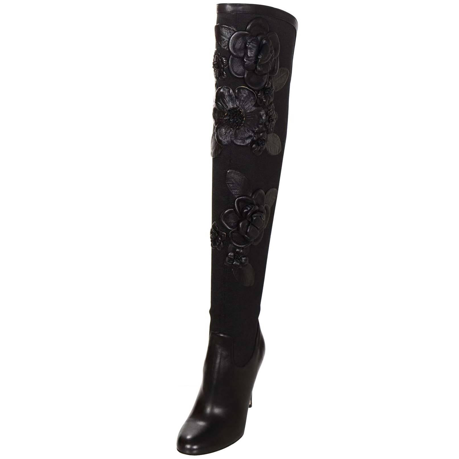 Valentino Black Floral Applique Boots Sz 37 rt. $2, 175