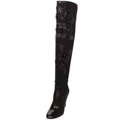 Valentino Black Floral Applique Boots Sz 37 rt. $2, 175