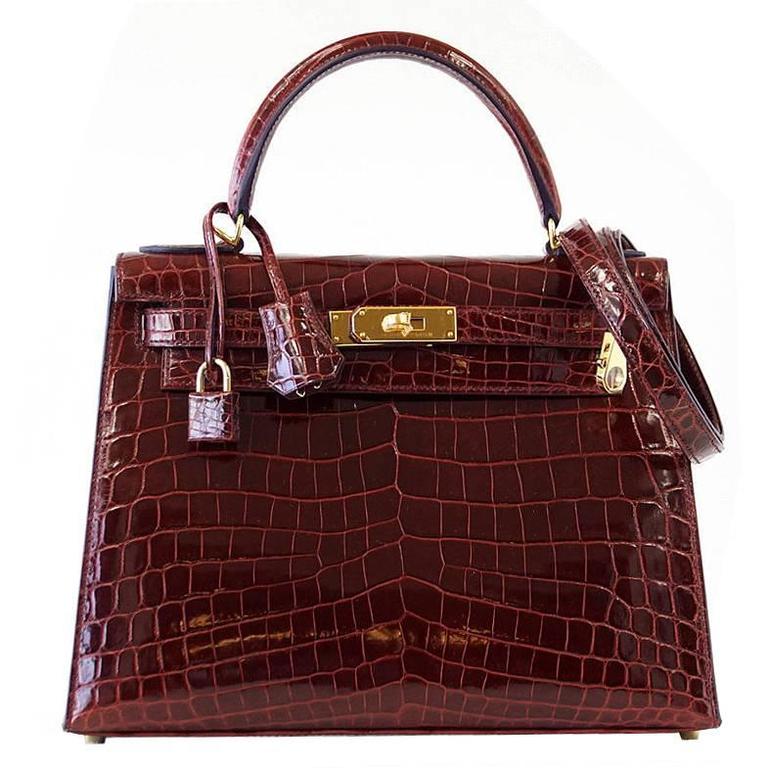 Hermes Kelly 28 Bag Sellier Bourgogne Red Navy Contour Crocodile Gold –  Mightychic