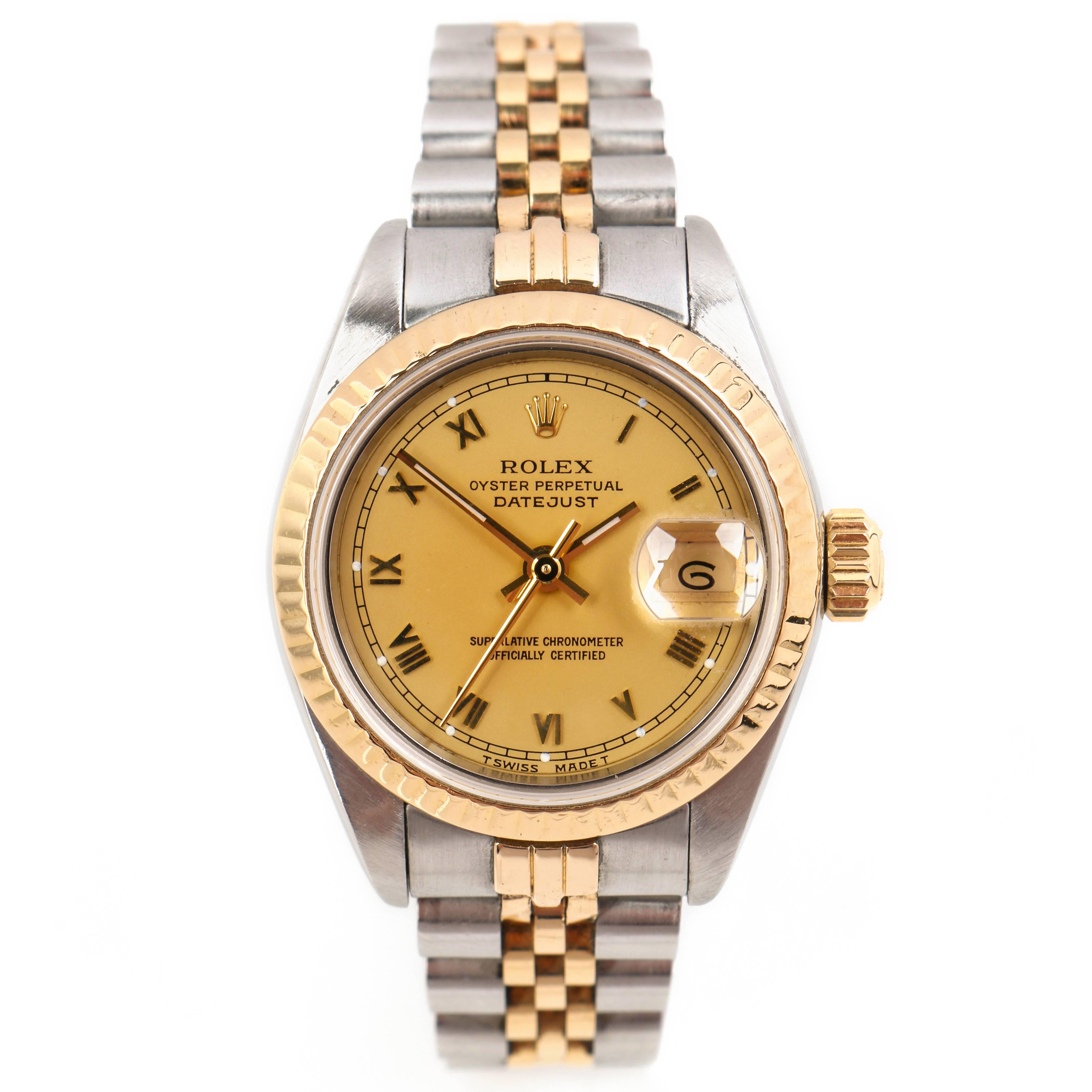 ROLEX Oyster Perpetual Datejust Steel 18K Yellow Gold Fluted Bezel Ladies Watch