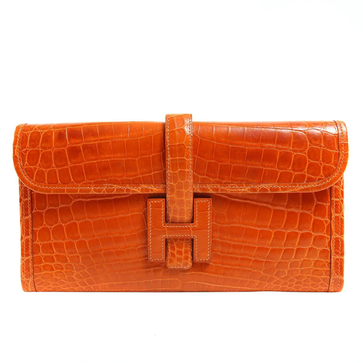 Hermès  Orange Nilo Croc Jige Elan Clutch